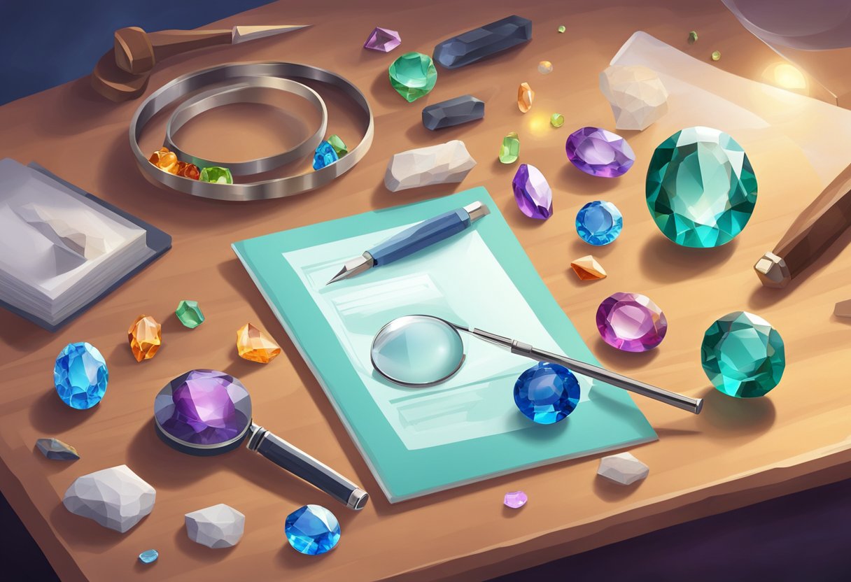 A gemology course scene with various gemstones, tools, and reference materials on a table. Bright lighting and a magnifying glass are present