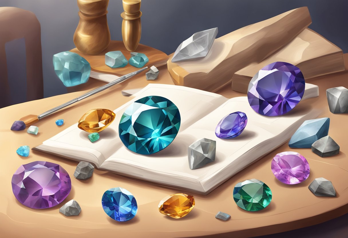 A gemology course scene with gemstones, tools, and educational materials