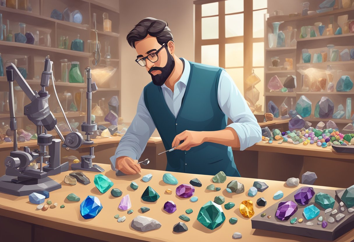 A gemologist examining and identifying precious stones in a classroom setting, surrounded by various gemstone specimens and testing equipment