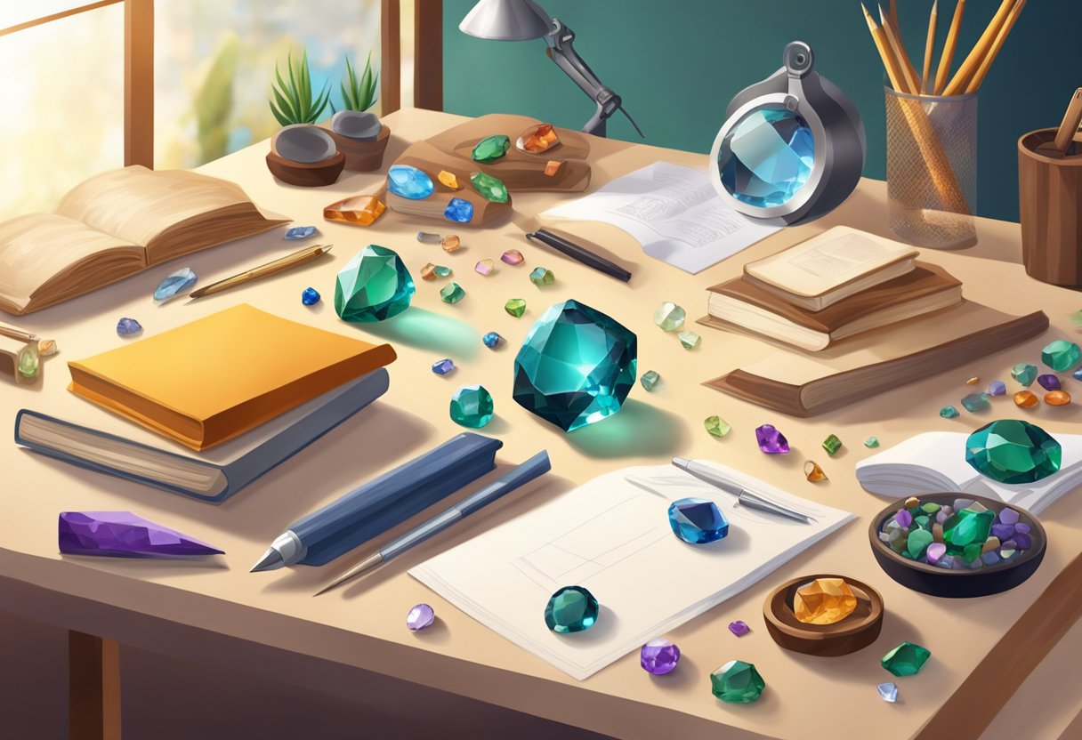 A gemology course setting with gemstones, tools, and textbooks on a table. Bright lighting and a professional atmosphere