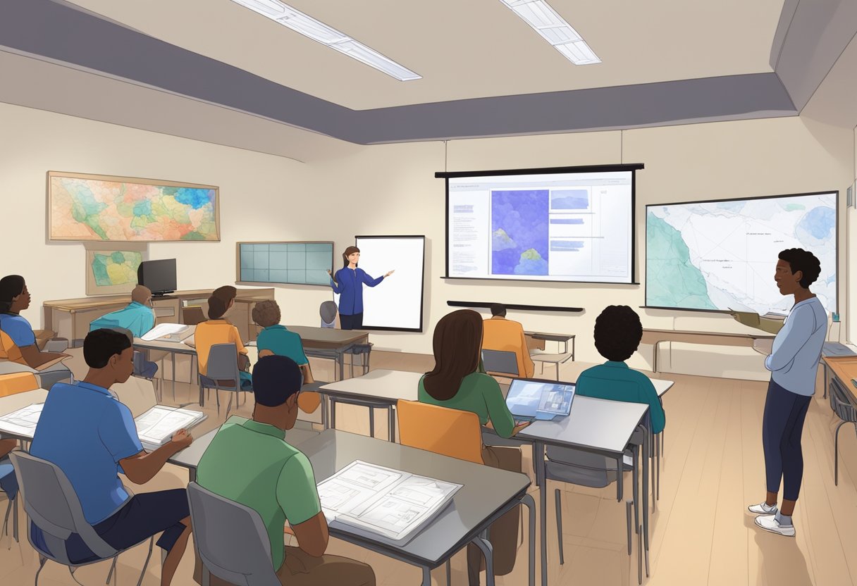 A classroom setting with gemstone samples displayed on tables, a projector screen showing the course title, and students engaged in discussion