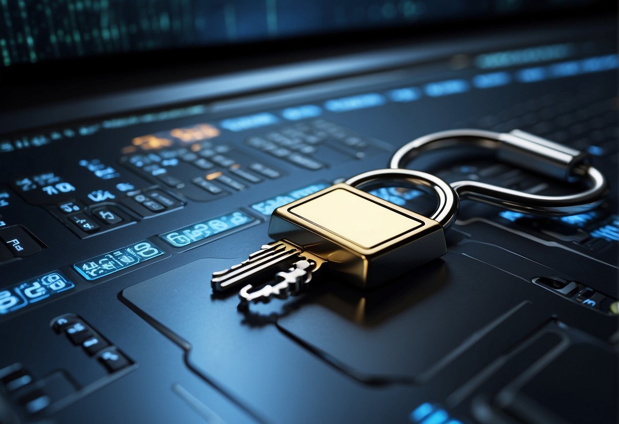 A computer screen displaying a progress bar for secure data deletion, surrounded by a lock and key symbol, with a guidebook on data erasure open nearby
