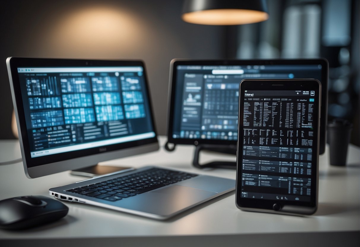 A computer, smartphone, and tablet with a secure data deletion guide displayed on their screens. A shredder icon is visible, symbolizing the erasure of data