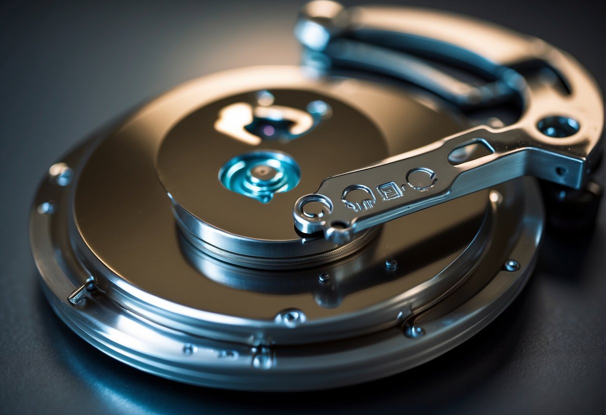 A computer hard drive being securely wiped with a data erasure tool, surrounded by lock and key symbols, and a shield representing data security