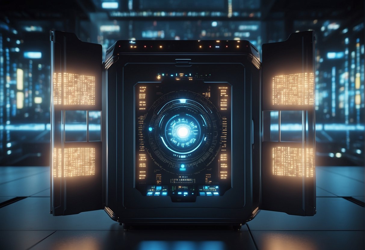 A futuristic data erasure machine securely deletes sensitive information, emitting a powerful beam of light to ensure complete data security