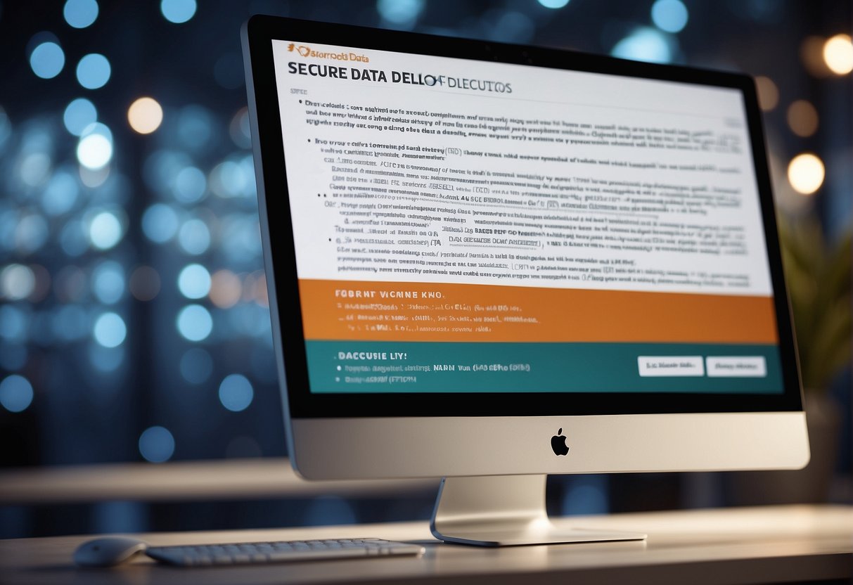 A computer screen displaying a list of frequently asked questions related to secure data deletion and data erasure guide, with keywords such as "secure data deletion" and "data security" highlighted