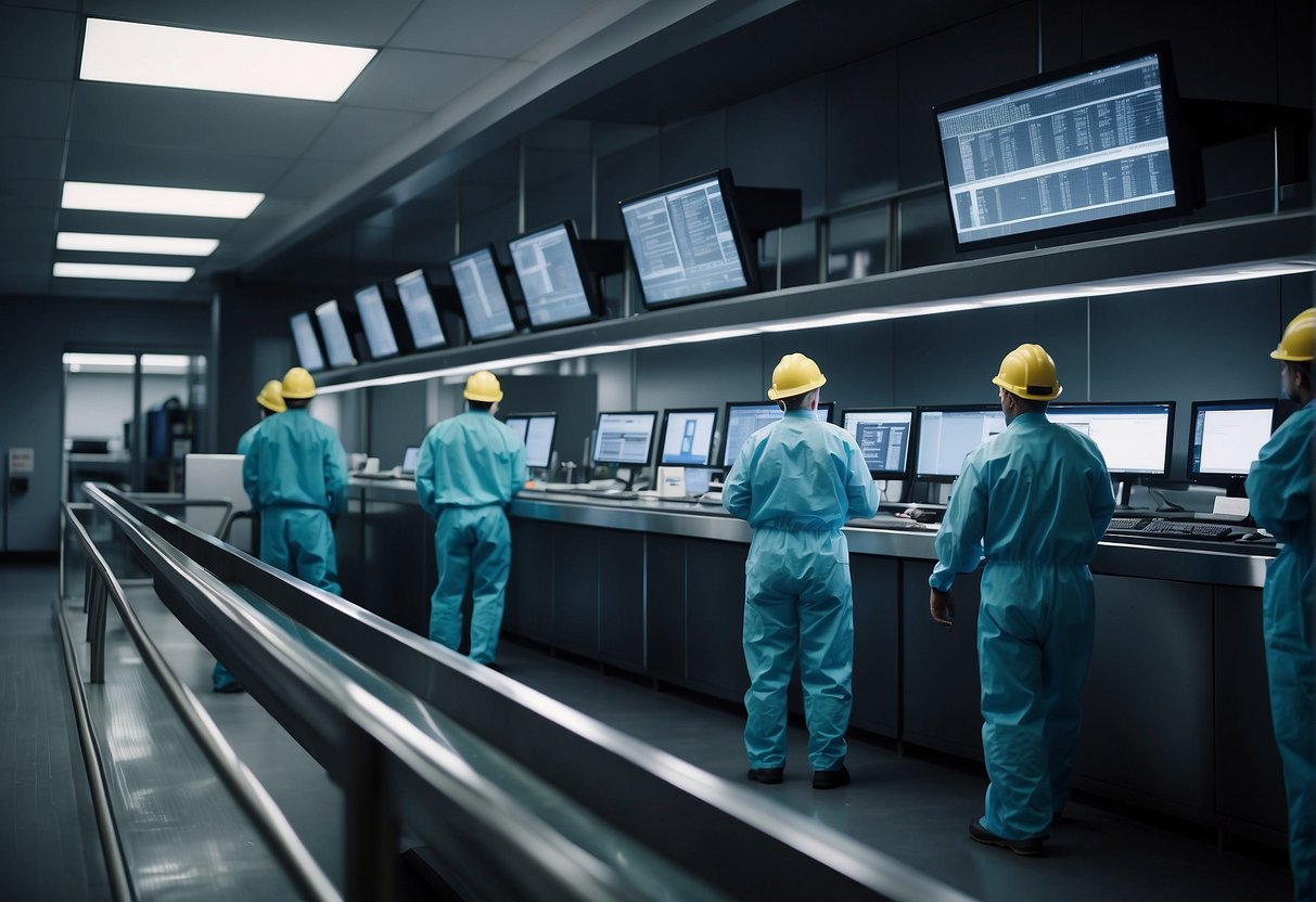 A secure facility with a conveyor belt transporting electronic devices for data erasure and disposal. Workers in protective gear oversee the process