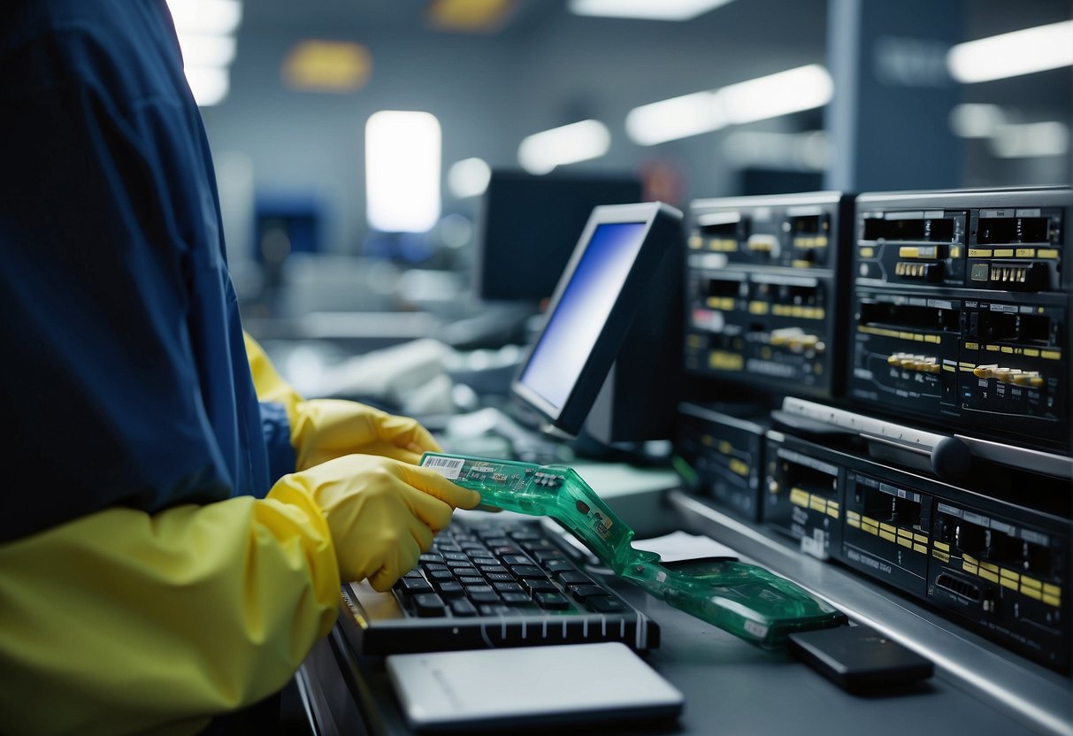 Various IT equipment being wiped clean, labeled, and packaged for disposal. Strict data erasure procedures being followed for ITAD compliance
