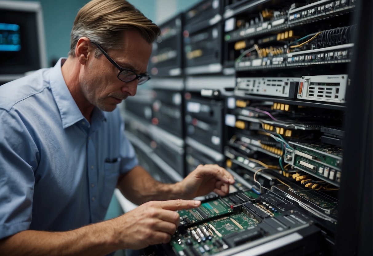 A technician erases data from a stack of retired IT equipment, ensuring secure disposal