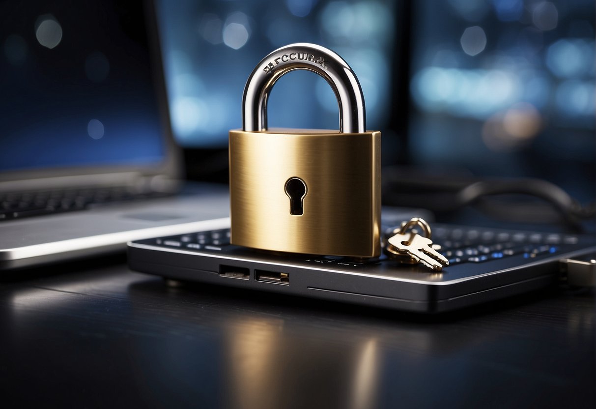 A secure data erasure process is shown with a locked padlock on a computer, symbolizing the critical importance of data erasure for IT asset disposition