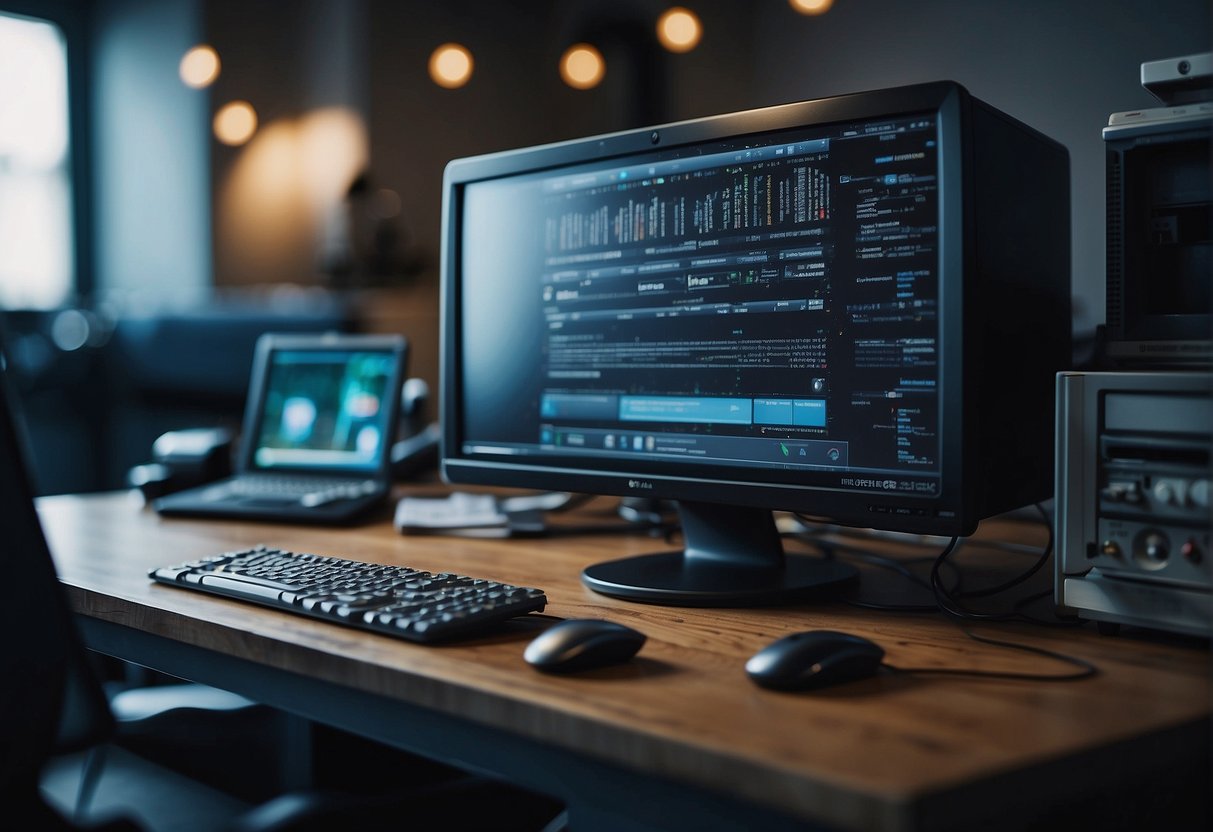 A computer being wiped clean with a data erasure tool, surrounded by various IT assets ready for disposition