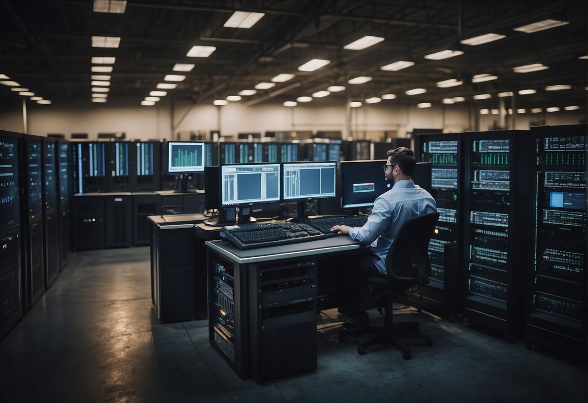 A warehouse filled with rows of neatly organized servers and computer equipment, with technicians performing data erasure and IT asset disposition processes