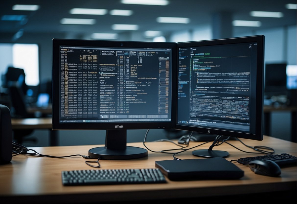 A computer being wiped clean, surrounded by IT equipment labeled with keywords "ITAD," "data erasure," and "IT asset disposition."