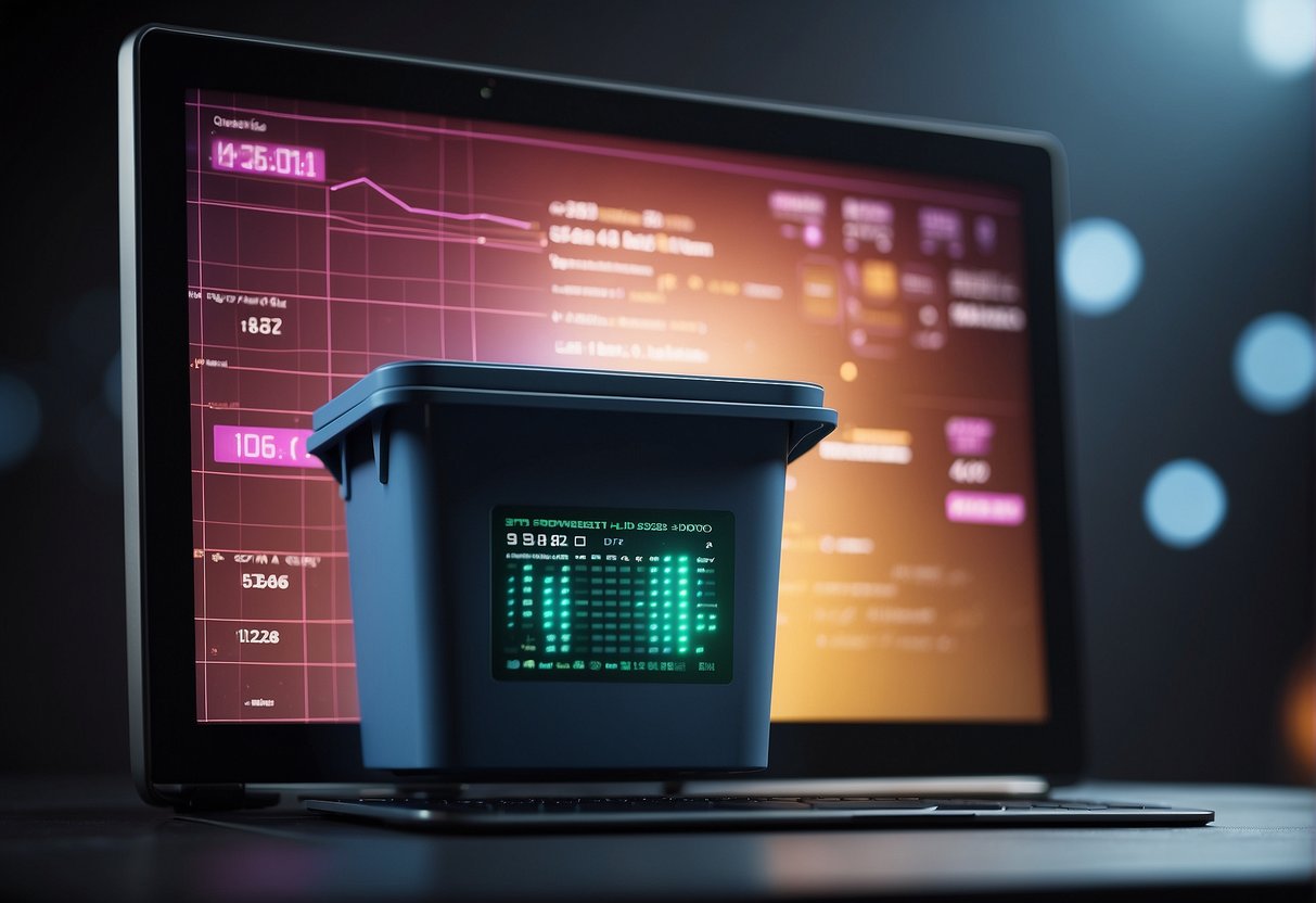 A computer screen displaying a progress bar for data erasure, with a separate trash bin icon representing data deletion