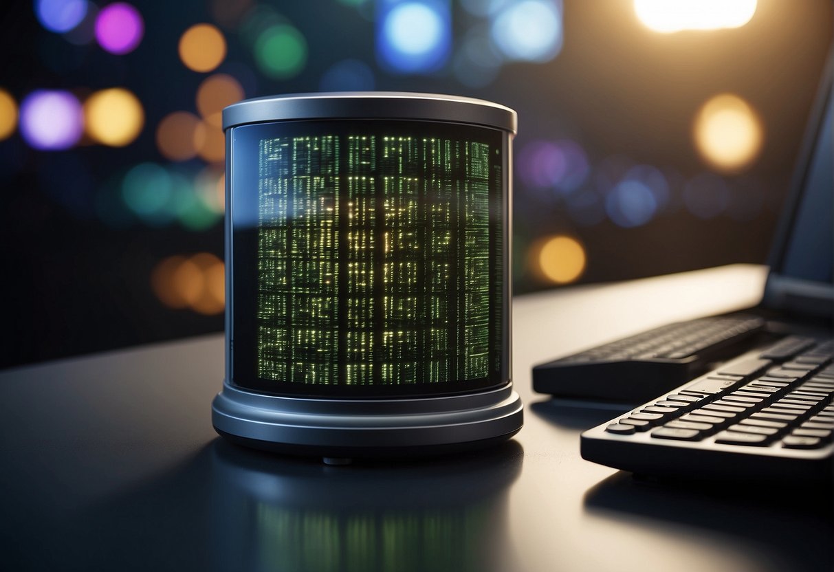 A computer screen displaying the process of data erasure, with a secure algorithm permanently removing data from a hard drive. A trash can icon represents data deletion, highlighting the difference