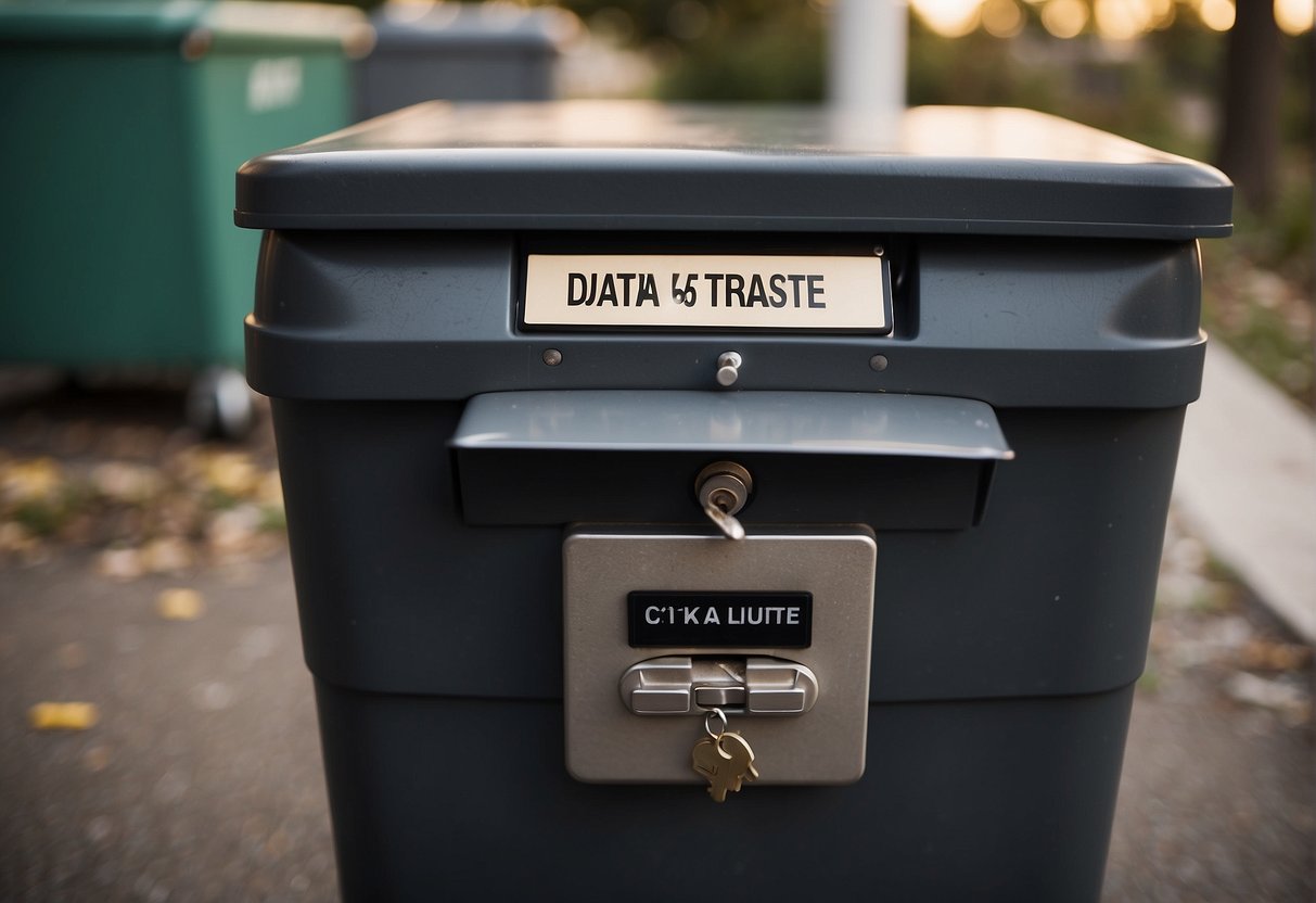 A locked safe labeled "Data Erasure" sits next to a trash can labeled "Data Deletion." A key dangles from the safe's lock, while the trash can is overflowing with discarded files