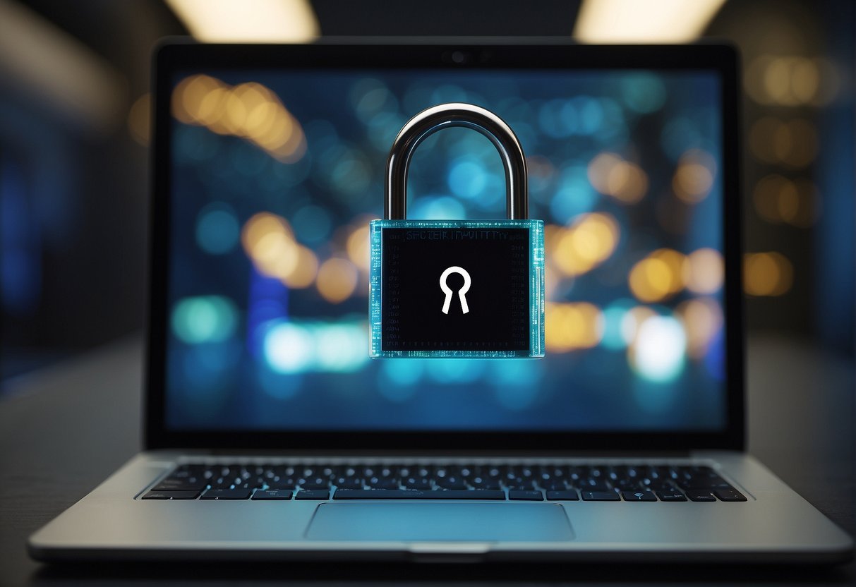 A computer screen displaying a progress bar erasing data. A locked padlock symbol in the background symbolizes security