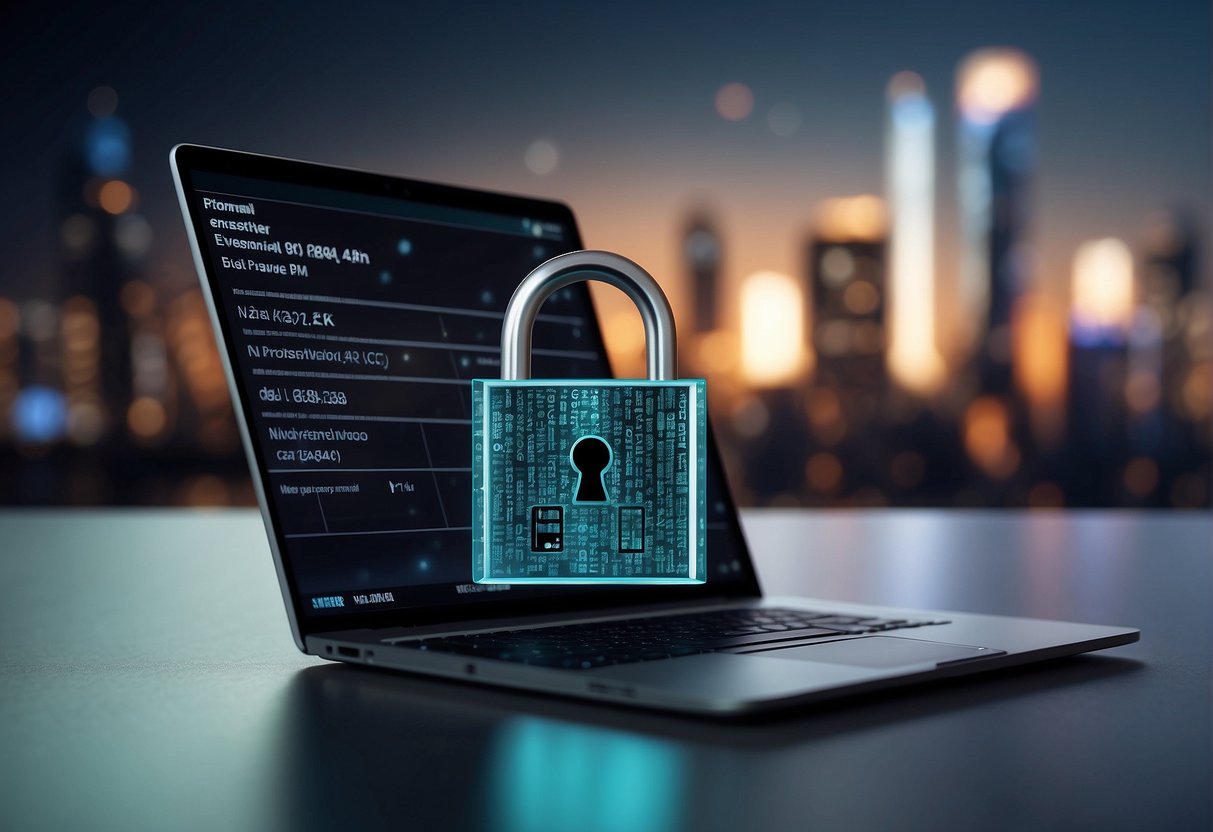 A computer screen displaying a progress bar as data is being erased. A locked padlock symbol in the corner represents the protection of personal information