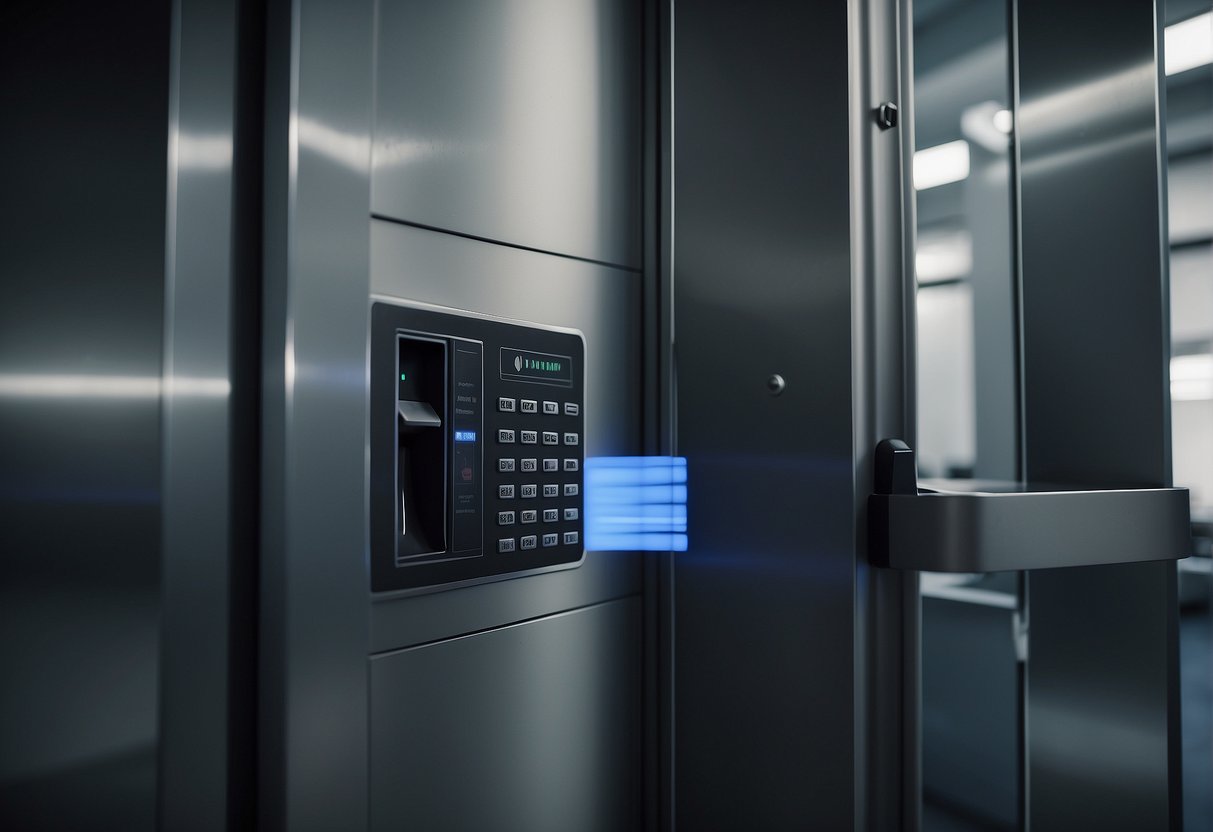 A secure vault door with a digital keypad, surrounded by documents and electronic devices being wiped clean