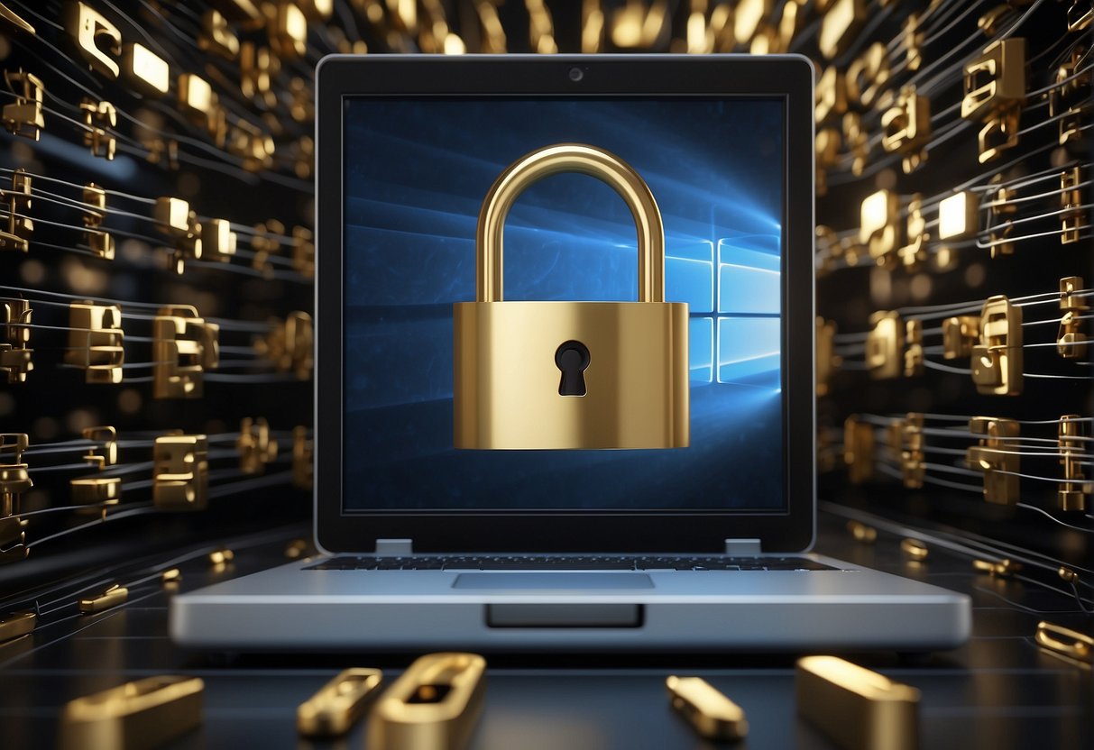 A computer screen displaying a secure data erasure process, surrounded by locked padlocks and shield symbols