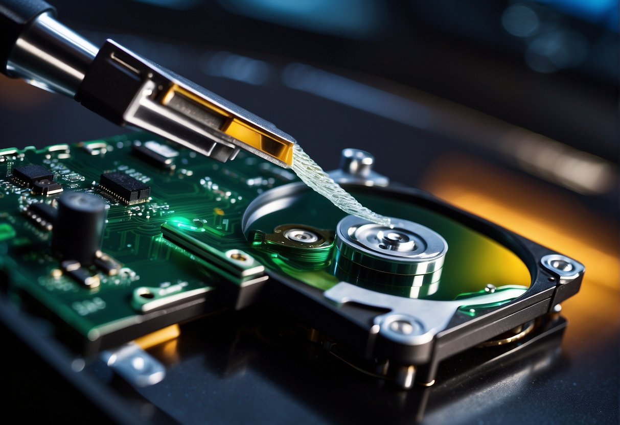 A computer hard drive being wiped clean with a secure data erasure tool, ensuring the protection of personal information