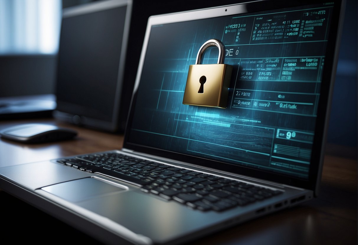 A computer screen displaying a secure data erasure process with a lock symbol and a progress bar, while a shredder icon deletes files in the background