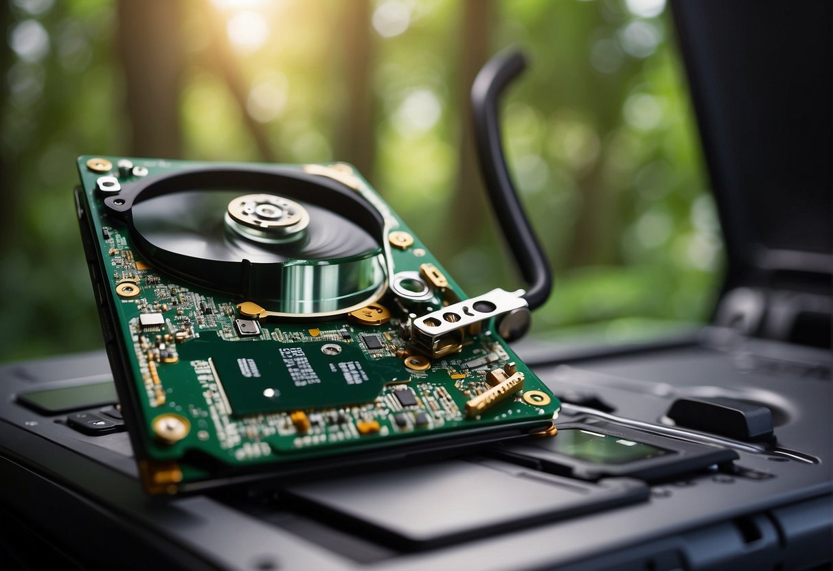 A computer hard drive being wiped clean with a data erasure tool, surrounded by images of trees and a recycling symbol