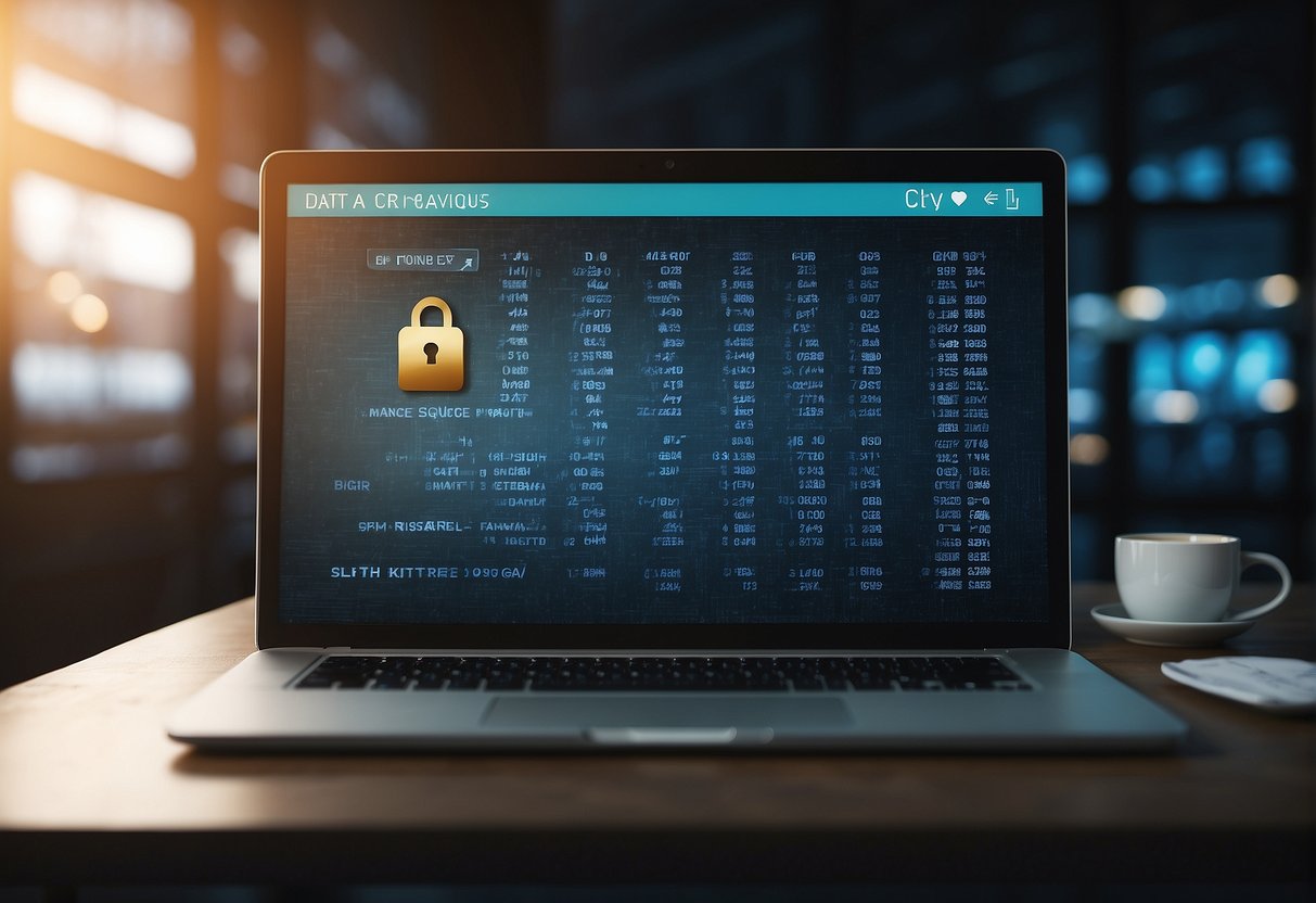 A computer screen displaying a list of frequently asked questions on data erasure, surrounded by security icons and a lock symbol