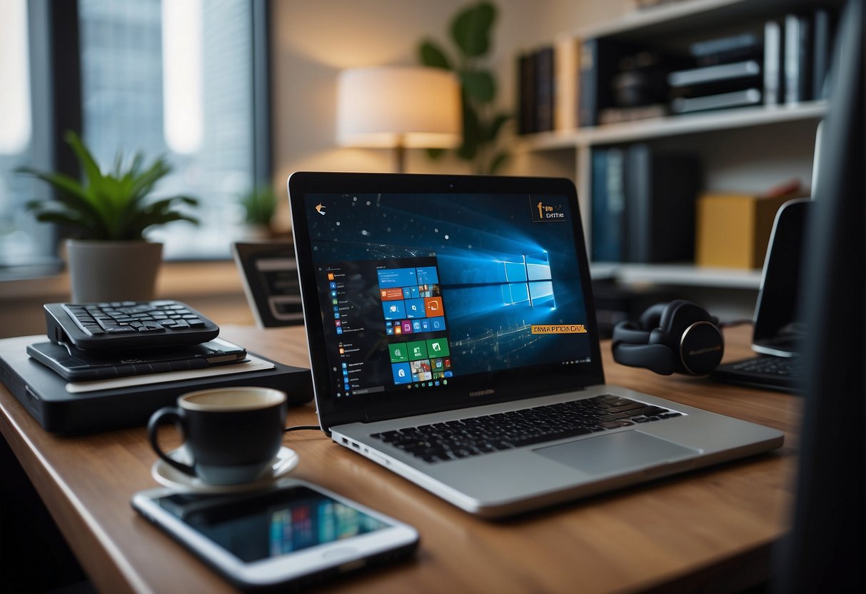 A cluttered home office with a laptop, external hard drive, and smartphone on a desk. A secure data erasure software running on the computer screen