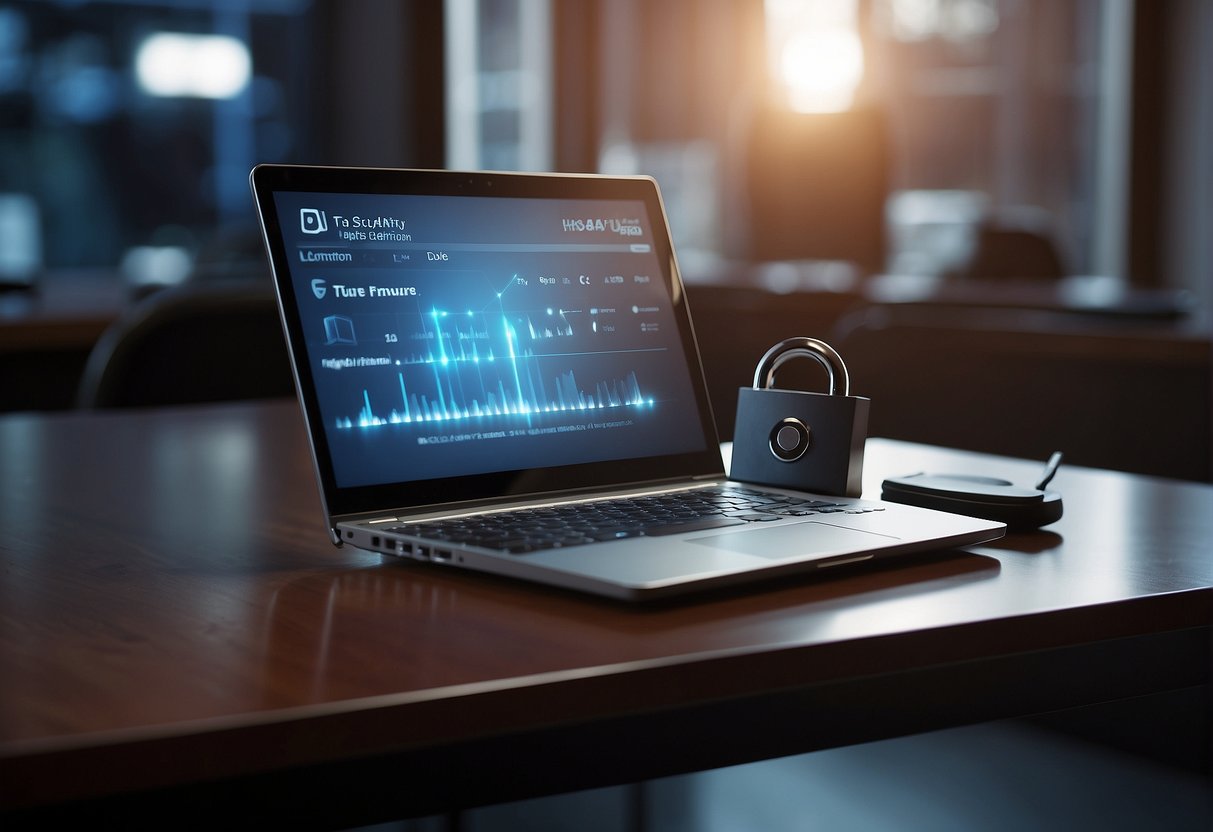 A laptop and external hard drive on a desk, with a secure data erasure software running on the computer screen. A lock icon symbolizing data security