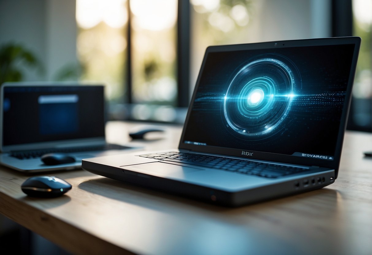 A laptop and external hard drive being securely wiped clean in a remote work environment, with a focus on protecting sensitive data