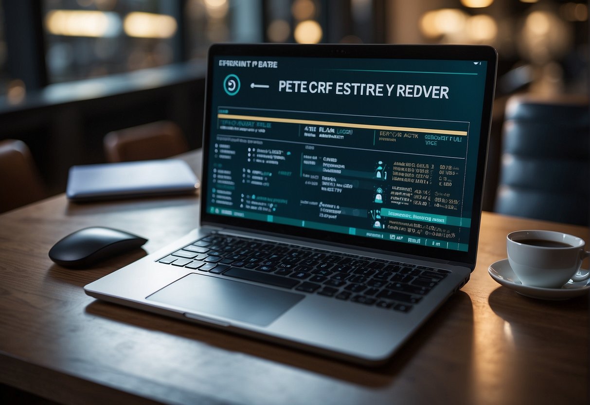 A laptop connected to a secure server, with a checklist of data erasure best practices displayed on the screen, surrounded by a remote work environment setup
