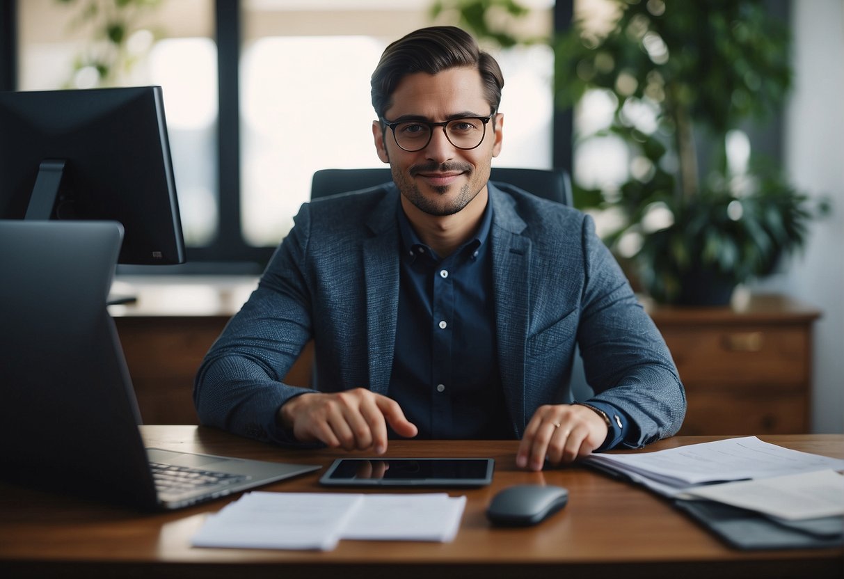 An employee sitting at a desk with a laptop, surrounded by documents and a secure data erasure tool, in a remote work environment