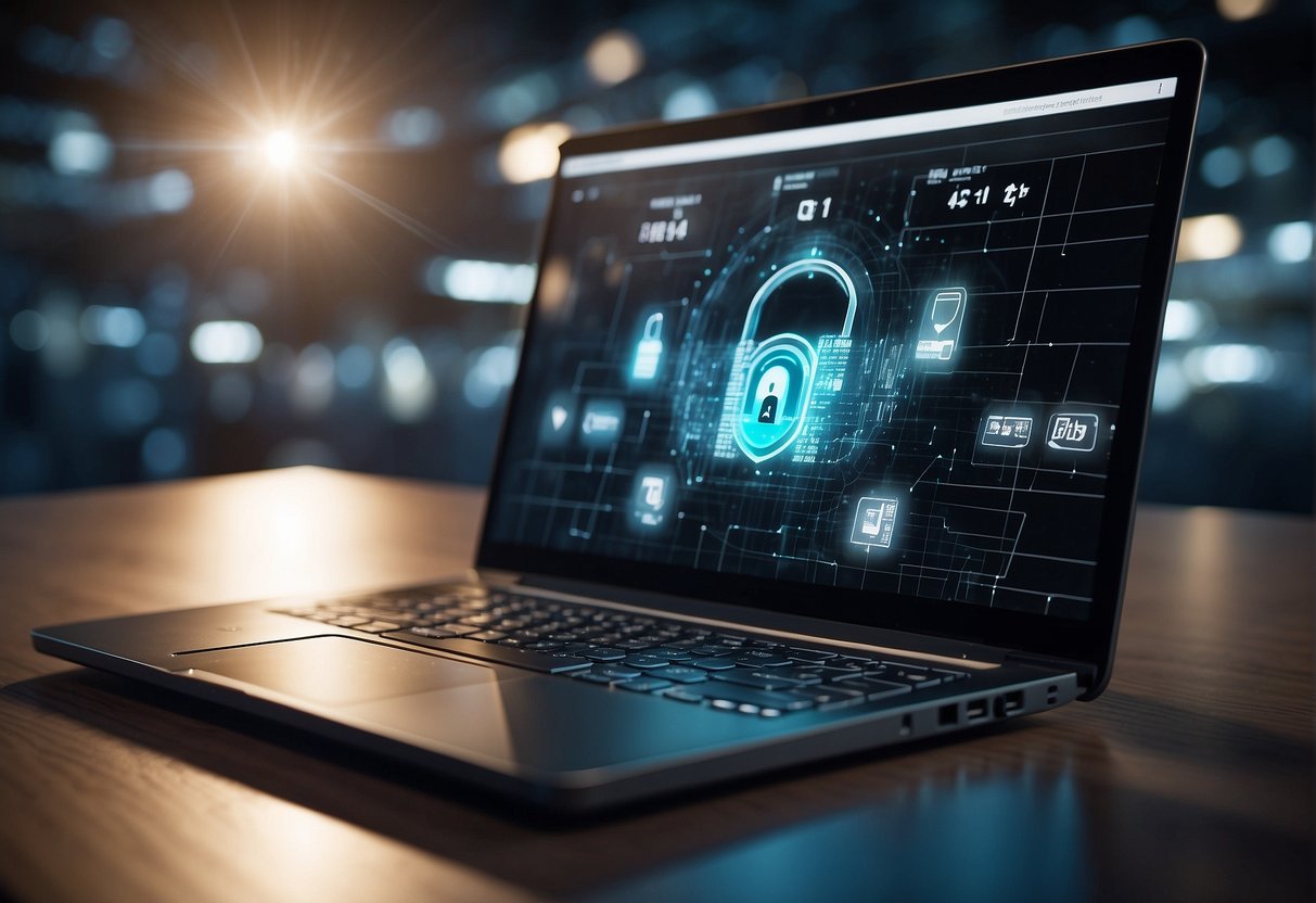 A laptop connected to a secure remote network. A padlock symbol indicates encryption. A network management dashboard displays data erasure progress
