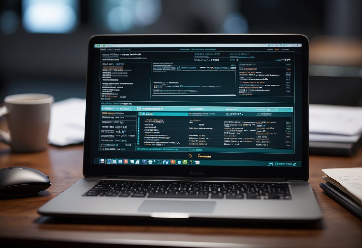 A desk with a laptop, external hard drive, and mobile device. A secure data erasure process being performed remotely. Clear instructions and best practices displayed on the screen