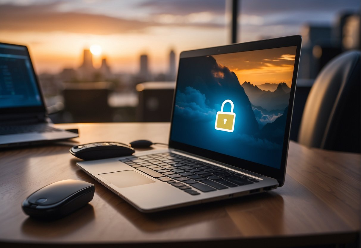 A laptop and external hard drive on a desk, with a cloud icon representing remote work environment. An eraser symbolizes data erasure, while a lock symbolizes security