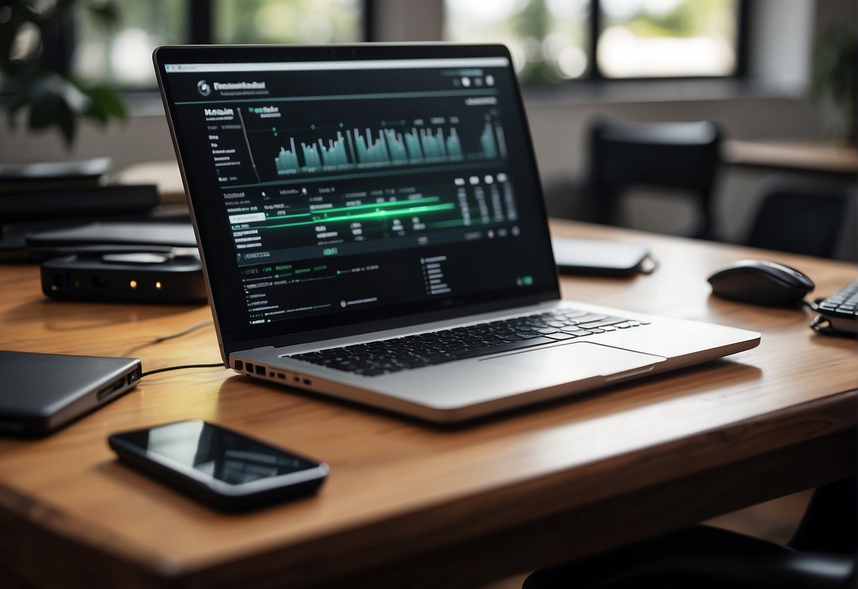 A laptop and external hard drive on a desk, surrounded by a remote work setup with a computer, phone, and notebook