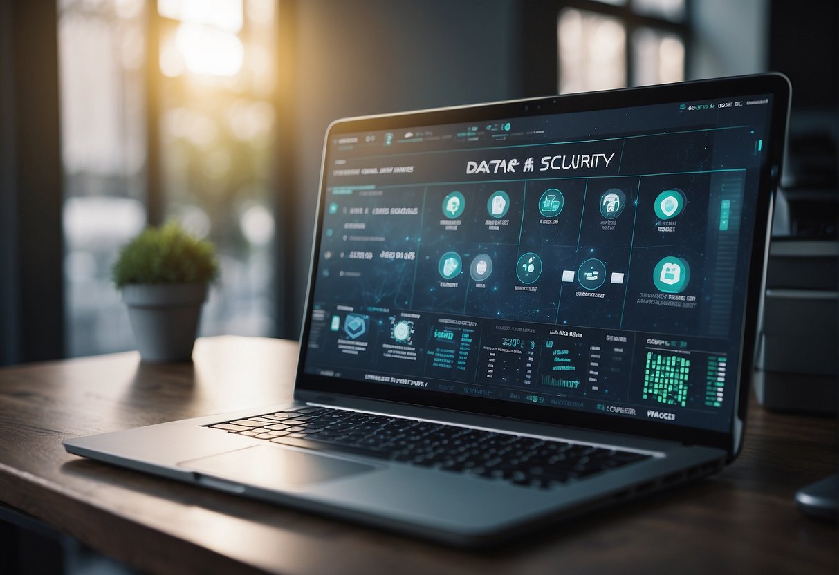 A computer screen displaying a remote work interface with a data erasure process in progress, surrounded by security lock icons and keywords related to data security best practices