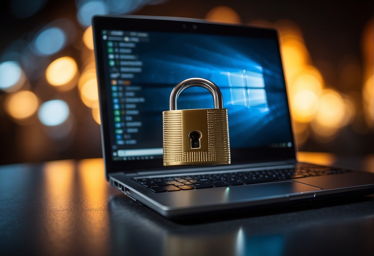 A laptop connected to a secure network, surrounded by a locked padlock and shielded by a firewall, with a data erasure tool in the background