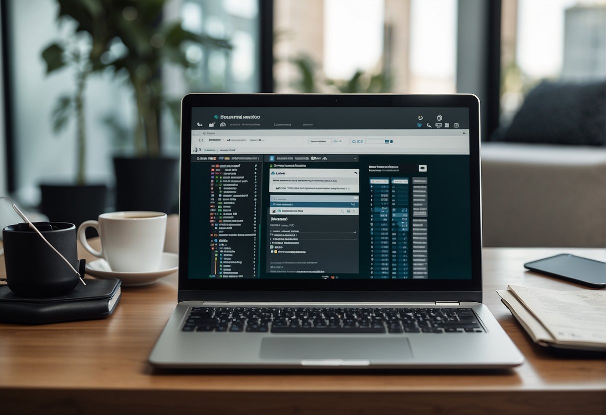 A laptop with a secure data erasure tool in a remote work setting, surrounded by security protocols and best practice guidelines