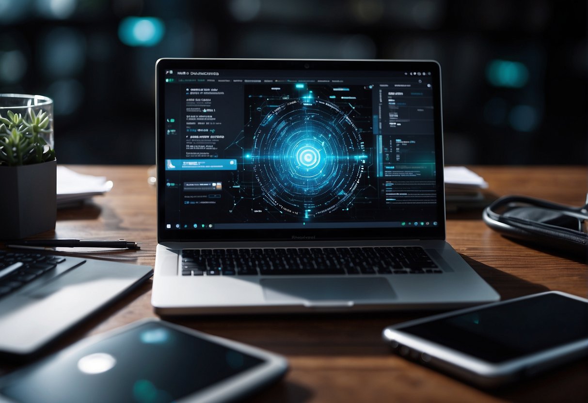 A laptop connected to a secure network with data erasure tools. Documents and files being securely transferred between remote workers