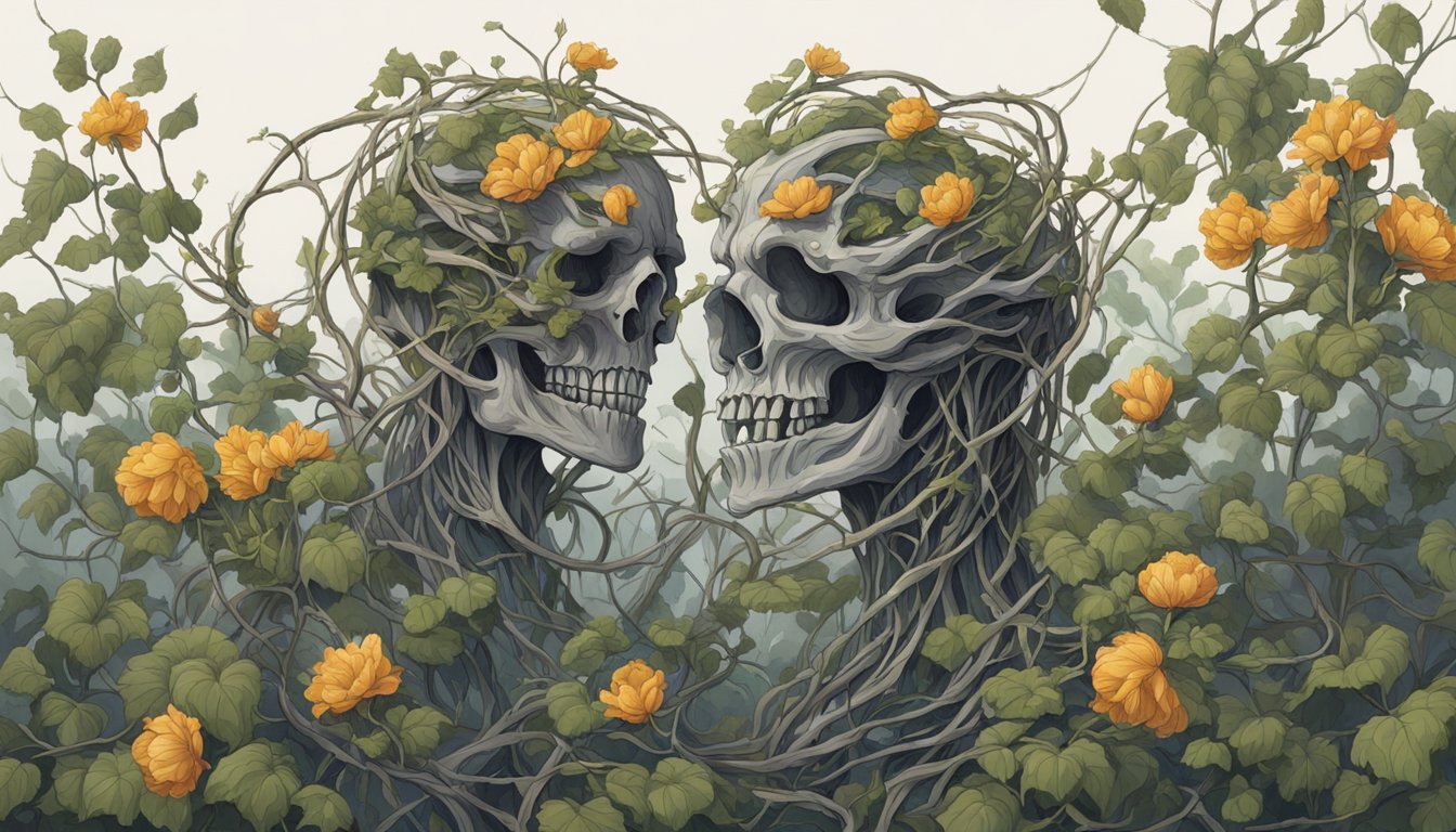Scene: Two wilted flowers entangled in thorny vines, surrounded by decaying foliage