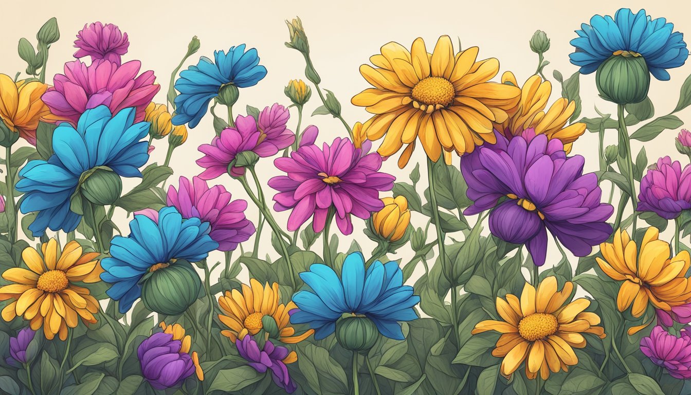 A group of wilted flowers surrounded by vibrant, healthy ones, representing the prevalence of toxic friendships among social circles