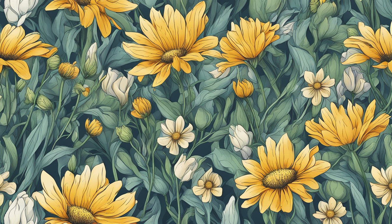 A group of wilted flowers surrounded by healthy ones, symbolizing the impact of toxic friendships on individuals