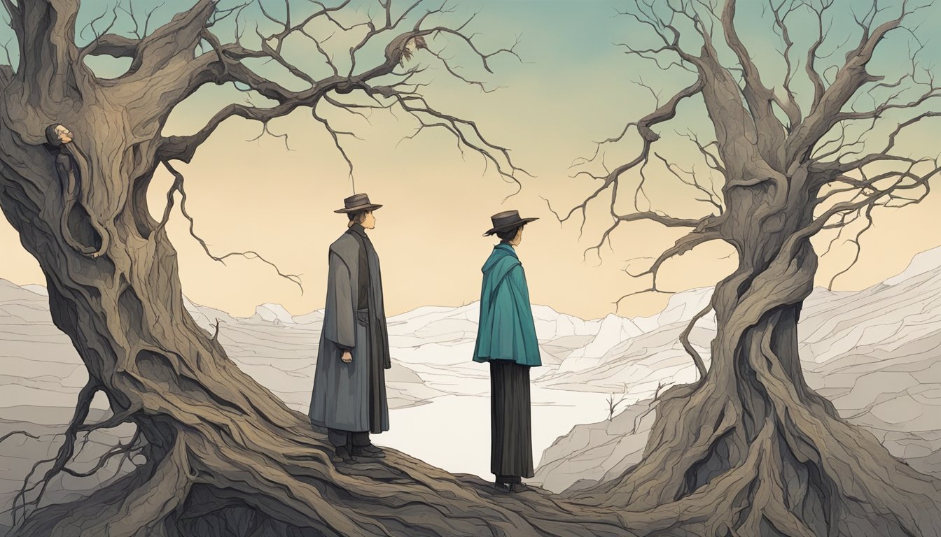 Two figures stand on opposite sides of a cracked and withered tree, with one figure holding a wilted flower and the other figure looking away with a frown