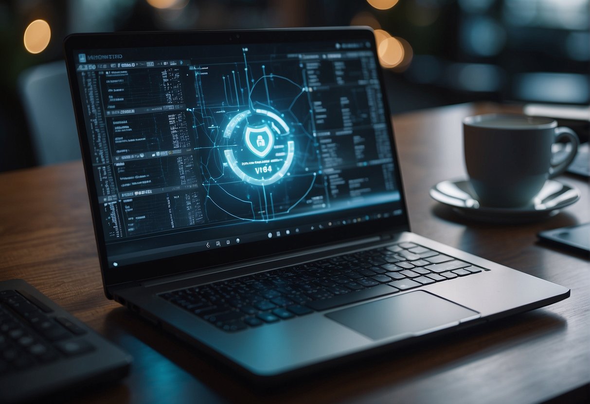 A laptop connected to a secure network with a data erasure process in progress, surrounded by security protocols and remote work best practice guidelines