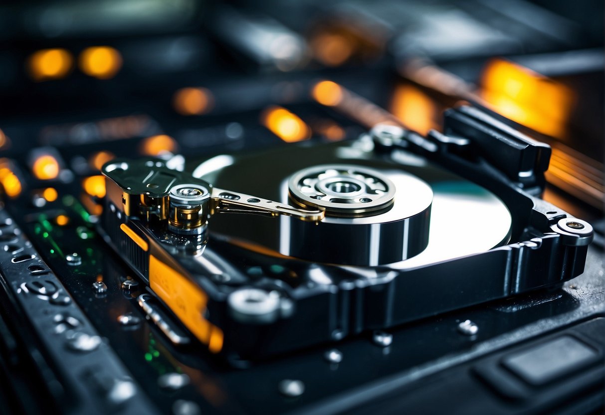 A computer hard drive being wiped clean with a secure data erasure software, surrounded by eco-friendly IT equipment and recycling bins