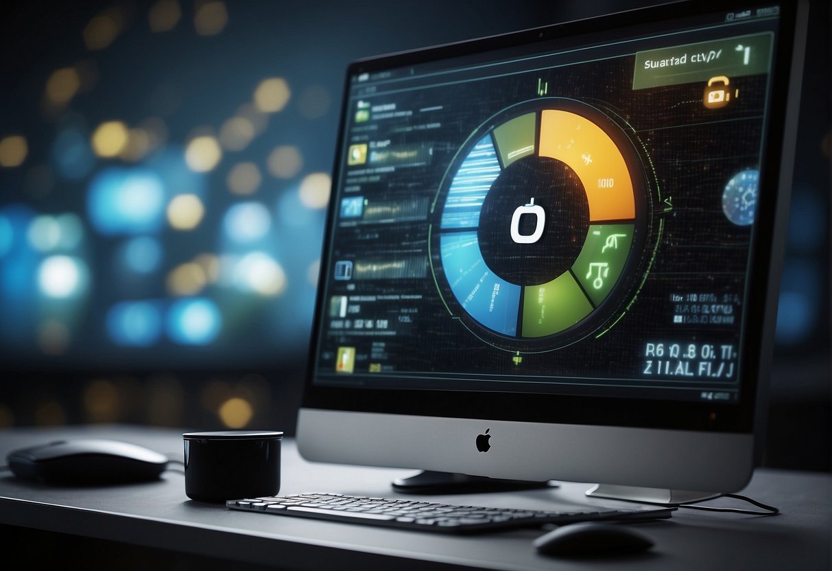 A computer monitor displaying a progress bar as data is being erased. A lock icon symbolizing data security. A recycling symbol representing sustainable IT practices