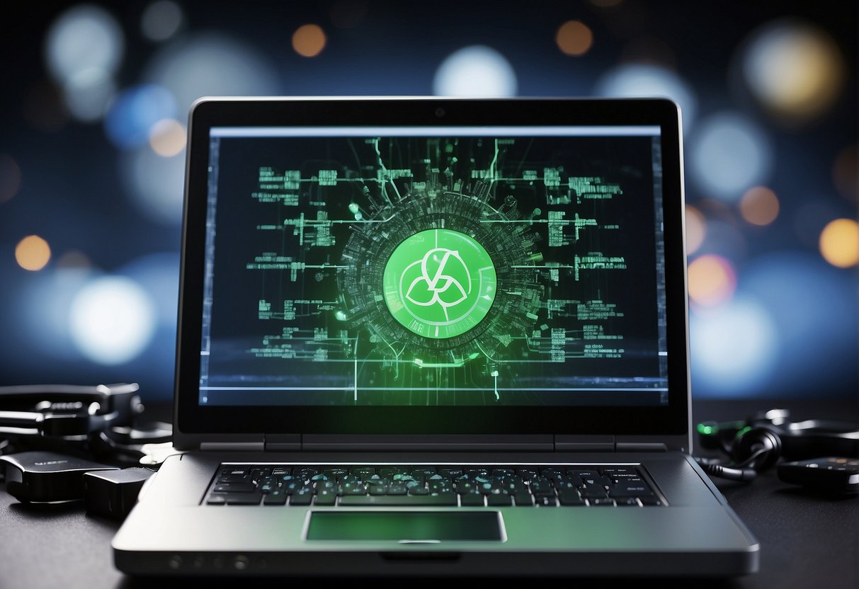 A computer screen displaying various data erasure techniques and best practices, surrounded by eco-friendly IT equipment and a recycling symbol