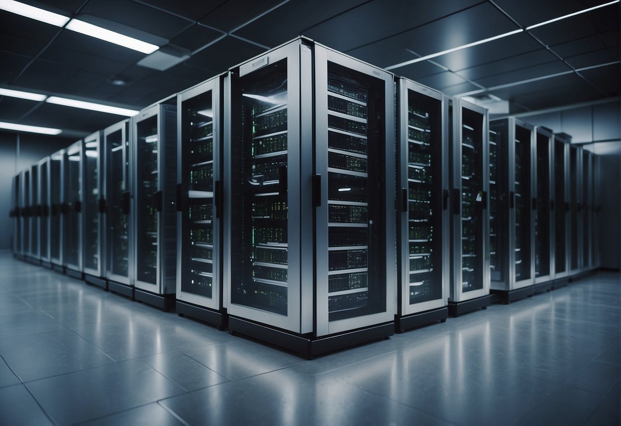 A server room with racks of computers being wiped clean, symbolizing sustainable data erasure for eco-friendly IT practices